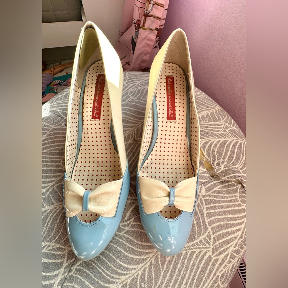 high heel pumps, b.a.i.t brand, powder blue and cream.
